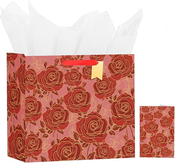Bloomwords 13" Mother's Day Bags with Card Tissue(Rose Flower) - Birthdays, Valentine’s, Weddings, Anniversaries, Kit incl...