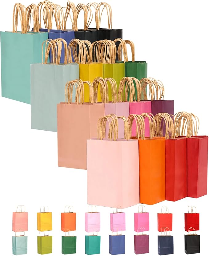 qiqee 32-Packs Paper Bags with Handles Bulk 8.26"×6"×3.15" Small Gift Bags 16 Different Senior Color Bags Multiple Uses（Sm...