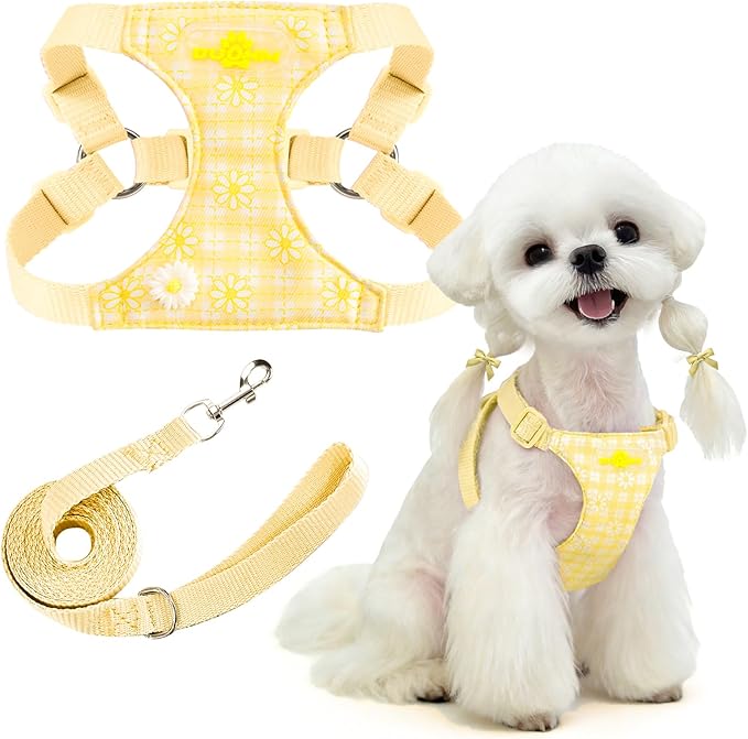 PETCARE Cute Small Dog Harness and Leash Set Yellow Floral Daisy Puppy Harness Vest Adjustable Step in Spring Summer Soft ...