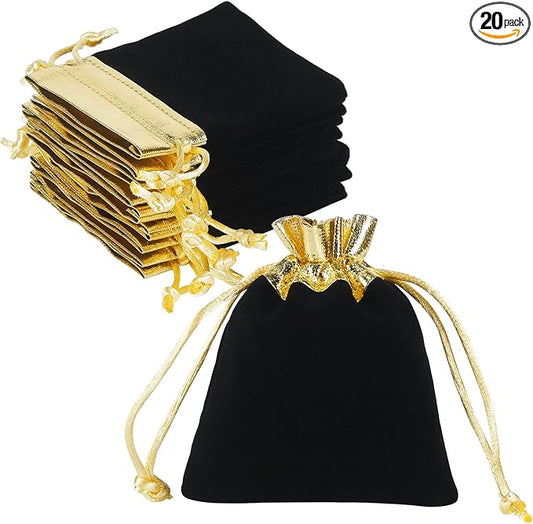 HRX Package Velvet Jewelry Bags 3x4 inch, 20pcs Black Gold Cloth Drawstring Pouches for Small Gift