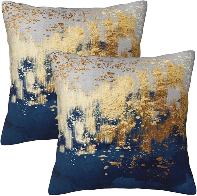 Weiscode Navy Blue and Gold Pillow Covers 18 x 18 inch Set of 2 Decorative Cushion Covers Blue and Gold Square Pillowcases...