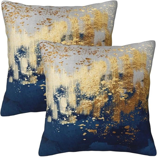 Weiscode Navy Blue and Gold Pillow Covers 18 x 18 inch Set of 2 Decorative Cushion Covers Blue and Gold Square Pillowcases...