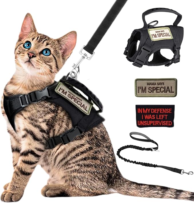 Tactical Cat Harness and Leash Set Soft Mesh Adjustable Large Cat Vest with Rubber Handle Easy to Control for Large Cat Sm...