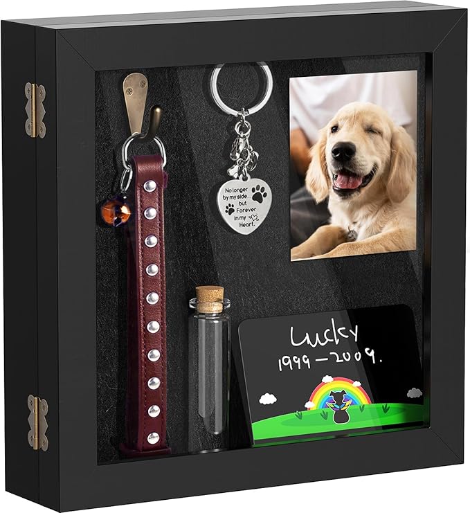 AXEFUN Pet Memorial Shadow Box for Dog or Cat, Wooden Pet Memorial Box with Collar Holder, Keepsake Bottle & Memorial Plaq...