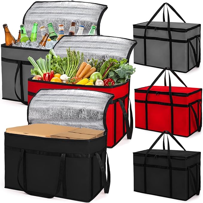AVLA 3 Pack Insulated Food Delivery Bag, 77L XXX-Large Reusable Grocery Tote Insulation Bag, Collapsible Commercial Food W...
