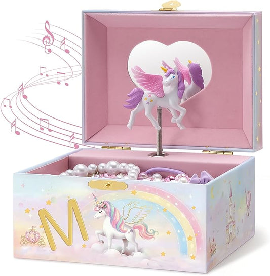 Lolalet Unicorn Jewelry Box for Girls, Kids Initial Musical Jewelry Organizer with Spinning Doll, Personalized Birthday Gi...