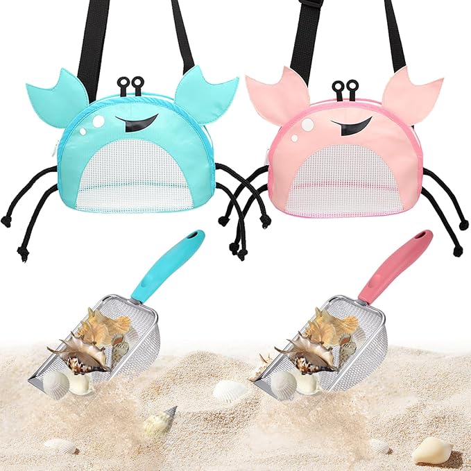 YOOLEETC 4PCS Beach Toy Mesh Shovel and Mesh Beach Bag Seashell Bag,for Sand Filter & Collect Shells,Sand Sifter Shell Col...