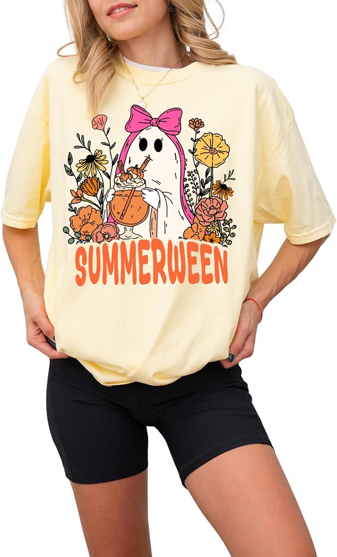Summerween Ghost Design - Womens Comfort Colors - Butter Yellow Retro Halloween Floral Graphic Tee