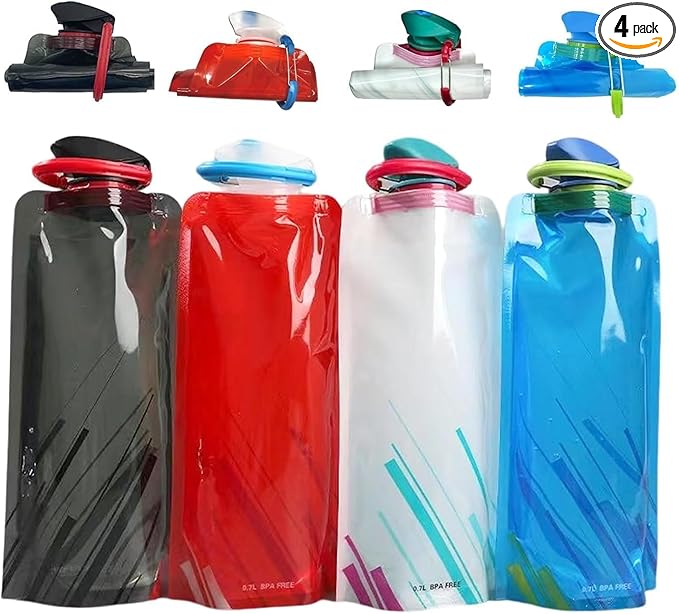 LuLuya 4 Pack Collapsible Water Bottles for Travel – 24oz Foldable Water Bottle with Leakproof Lid, Food-Grade Silicone Po...