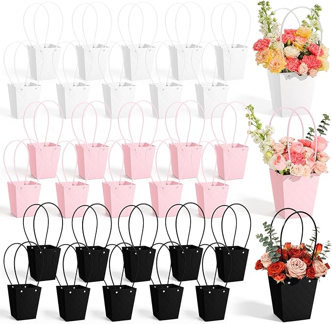 tchrules 30pcs Flower Box for Arrangement, Waterproof Bouquet Wrapping Bag With Handle Pink White Black Paper Floral Box f...