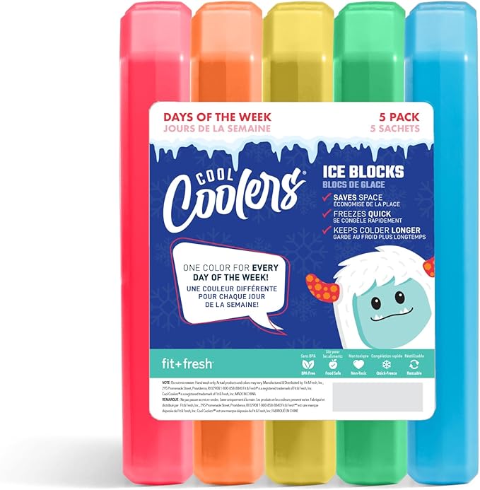 Cool Coolers by Fit + Fresh, 5 Pack Days of the Week Ice Blocks, Compact Reusable Ice Packs for Lunch Boxes & Coolers, Mul...