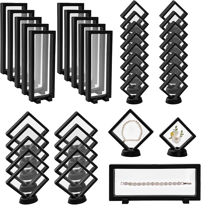 WCHOSOZH 36Pcs 3D Floating Display Case, Floating Coin Display Stand Holder with Base, Transparent PE Film Jewelry Storage...