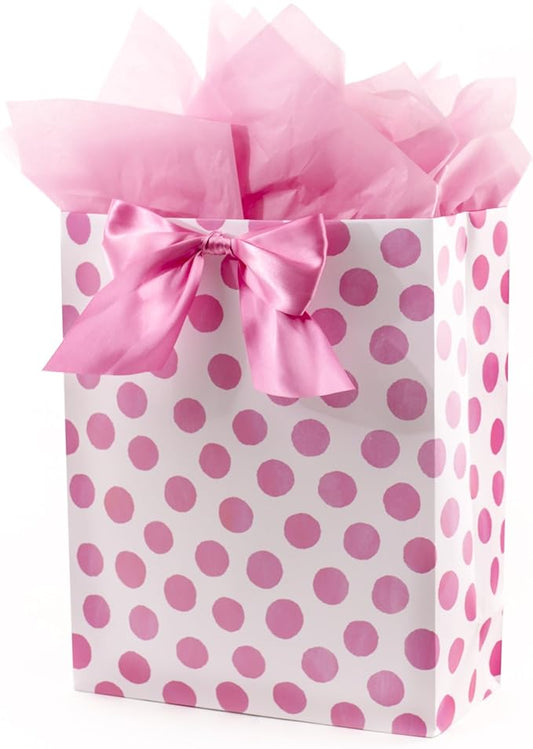 Hallmark 15" Extra Large Gift Bag with Tissue Paper (Pink Polka Dots and Bow) for Birthdays, Easter, Baby Showers, Bridal ...