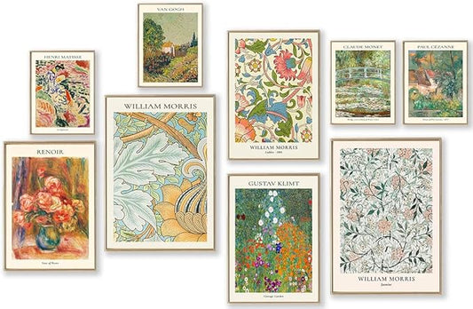 Vintage Eclectic Wall Art Prints Set of 9, Abstract Eclectic Wall Decor Matisse William Morris Van Gogh Monet Maximalist F...