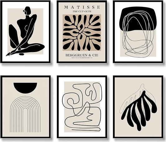 Quzenu Boho Wall Art Mid Century Modern Decor Canvas Prints Set of 6 Black And White Neutral Abstract Boho Wall Decor for ...