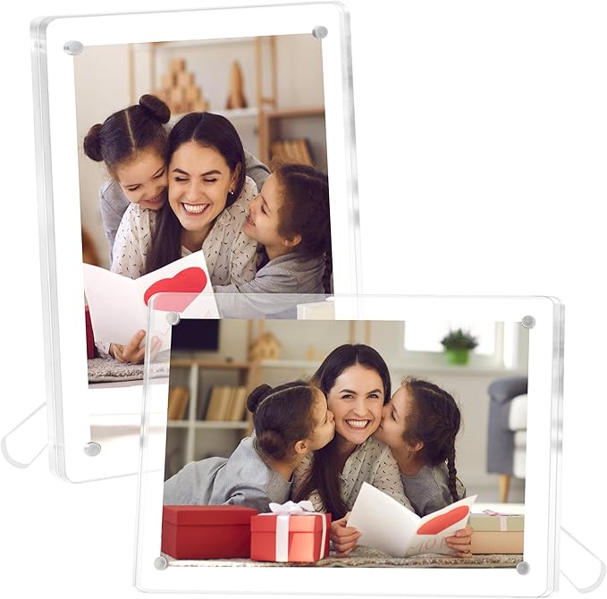 FIXSMITH 2 Pack 4x6 Acrylic Picture Frames, Clear Magnetic Frames with Stand, UV Resistant, Horizontal/Vertical Display, P...