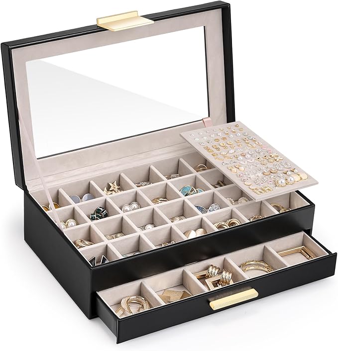Lolalet Earring Storage Box Case with Glass Top, Large Earring Jewelry Holder Organizer Display with Drawer and Grid, Gift...