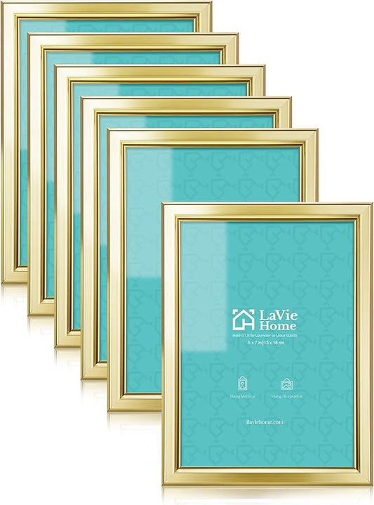 LaVie Home 5x7 Picture Frames (6 Pc, Gold) Simple Designed Photo Frame with High Definition Glass for Wall Mount & Table T...