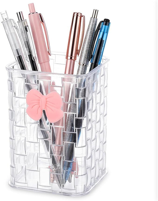 Hecila Makeup Brush Holder Pen Holder for Desk Acrylic Makeup Brush Holderswith Woven Texture Pencil Organizer with Bow El...