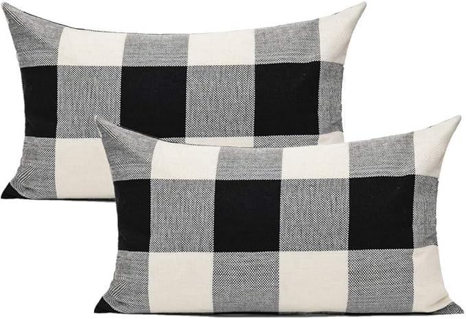 VAKADO 12x20 Set of 2 Black White Outdoor Throw Pillow Covers Buffalo Check Plaids Lumbar Farmhouse Retro Checkers Cotton ...