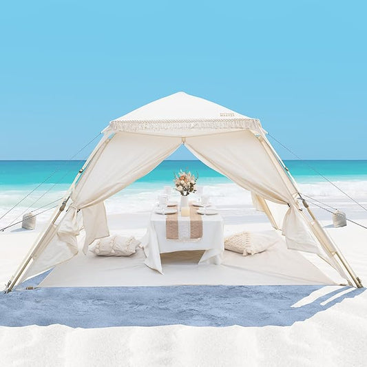 OutdoorMaster Pop Up Beach Tent with Fringe for 4 Person, Easy Setup and Portable Beach Shade Sun Shelter Canopy with UPF ...