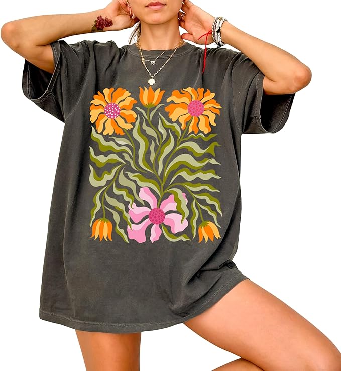 Retro 70s Floral Design - Womens Comfort Colors - Pepper Grey Groovy Botanical Wildflower Graphic Tee
