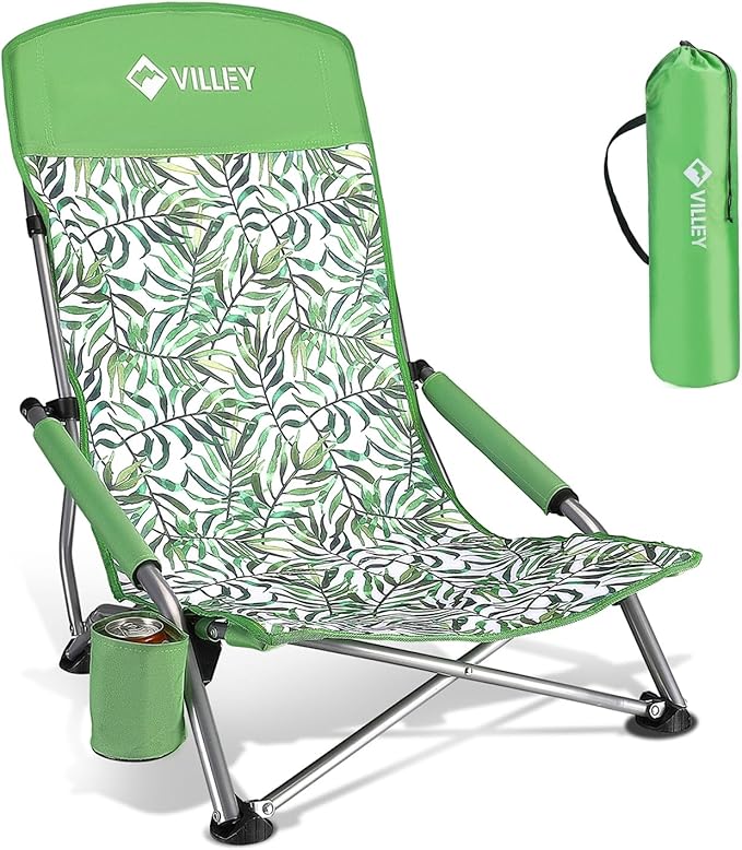 VILLEY Low Beach Chair, High Back Folding Beach Chair for Adults, Lightweight and Portable for Outdoor, Beach, Camping, La...