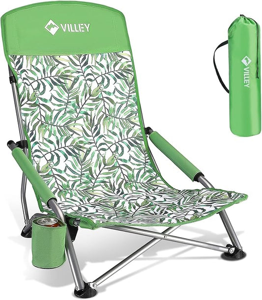 VILLEY Low Beach Chair, High Back Folding Beach Chair for Adults, Lightweight and Portable for Outdoor, Beach, Camping, La...