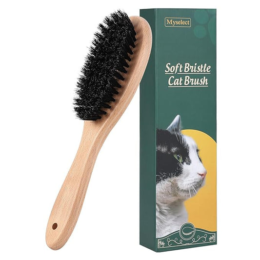 Boar Bristle Cat Brush with Wooden Handle, Soft and Gentle, Reduce Shedding, Make Coat Soft, Smooth and Shinny, Daily Groo...