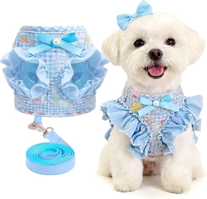 ABRRLO Small Dog Harness and Leash Set Soft Breathable Mesh No Pull Puppy Harness with Bowknot Adjustable Cute Blue Dog Ve...