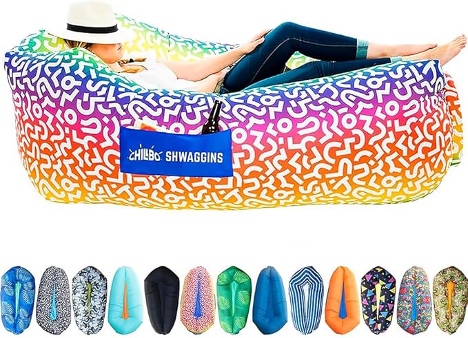 Chillbo Inflatable Couch – Unique Designs - No-Pump Setup, Ripstop Polyester, Stability Pegs, Fun Prints - Portable Air In...