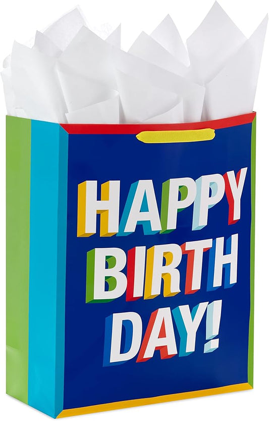 Hallmark 15" Extra Large Birthday Gift Bag with Tissue Paper (Happy Birthday, Red, Blue, Yellow, Green) for Kids, Teacher...