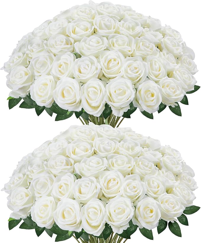 InnoGear 50 Pcs White Roses Artificial Flowers, Fake Velvet Silk Rose Bulk Faux Flower for Mother's Gift Decoration DIY We...