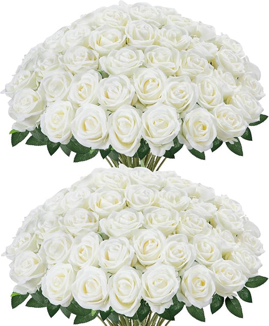 InnoGear 50 Pcs White Roses Artificial Flowers, Fake Velvet Silk Rose Bulk Faux Flower for Mother's Gift Decoration DIY We...