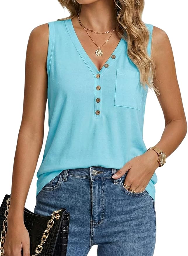 NUKELOLO Tank Top for Women V Neck Henley Loose Fit with Pocket Womens Tops Summer Sleeveless Casual Clothing