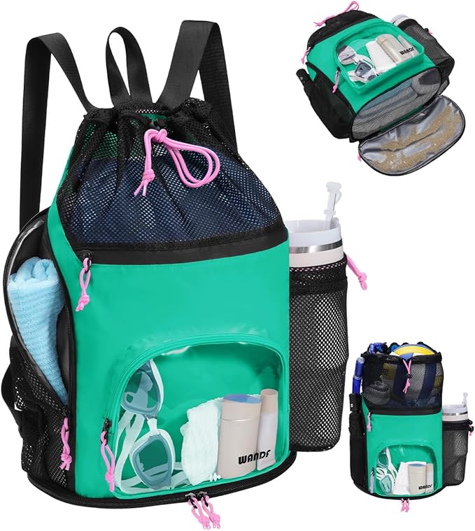 WANDF Swim Bag with Wet Pockets, Sandproof Beach Backpack with 40oz Tumbler Side Pockets, Mesh Drawstring Backpack Swim Ba...