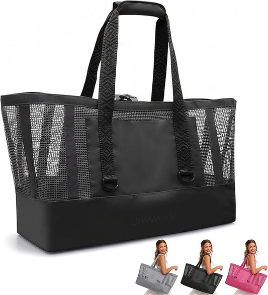 OnWander Large Mesh Beach Tote Bag - 50L Pool Bags with 2 Inner Zipper Waterproof Pockets for Swim Toys Towels Travel