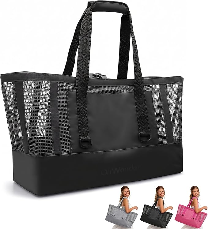 OnWander Large Mesh Beach Tote Bag - 50L Pool Bags with 2 Inner Zipper Waterproof Pockets for Swim Toys Towels Travel
