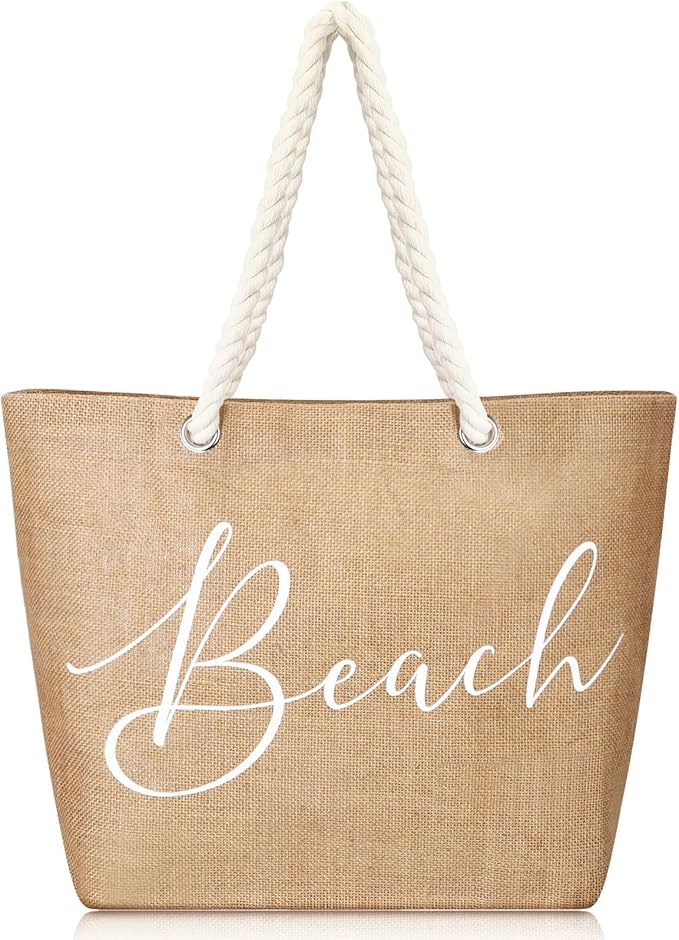 Huhumy Jute Beach Bag for Woman Boho Beach Shoulder Tote Bag with Cotton Handles Modern Waterproof Handbag for Women Vacat...