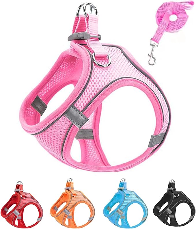 JUFOO XXXS Pink Soft Mesh Dog Harness and Leash Set,No Escape Puppy Harnesses for Training Walking， Reflective Adjustable ...