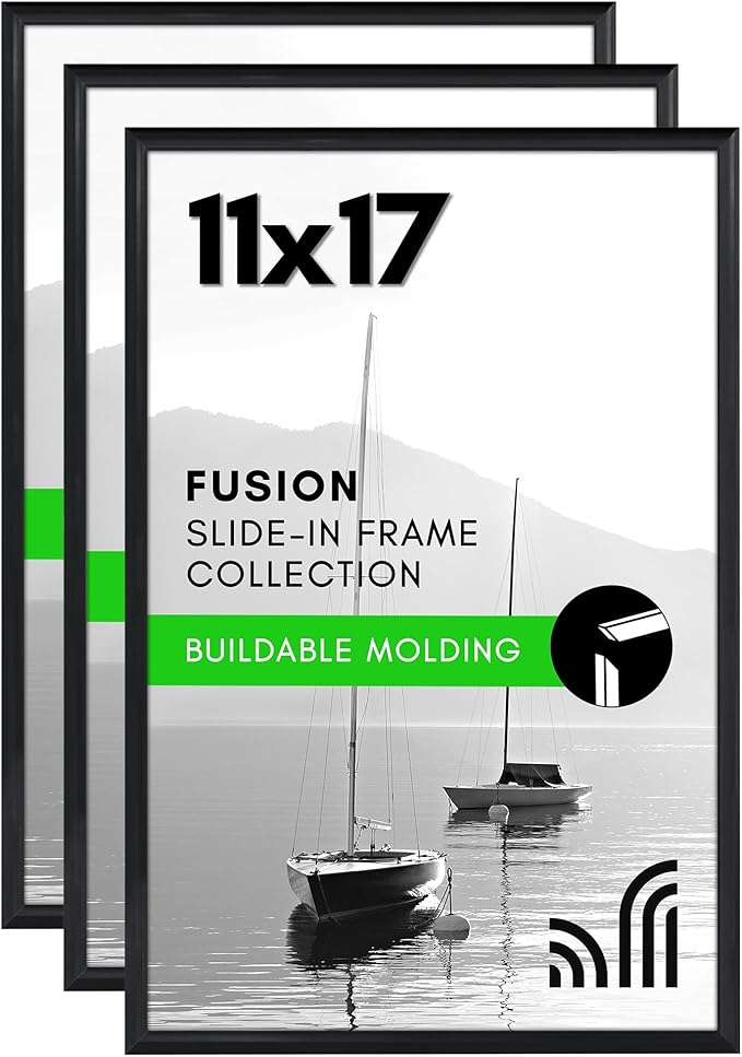 Americanflat 11x17 Picture Frame with Polished Front Cover - Set of 3 - Slide-In Photo Frame with Buildable Molding - Fusi...