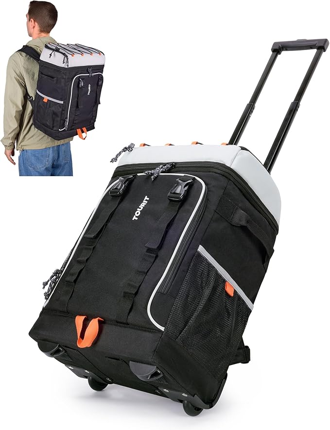 TOURIT 50-Can Rolling Backpack, Double Deck & Dual-Bar Handle Travel Soft Cooler Bag with Wheels, 30L Space Beach Cooler S...