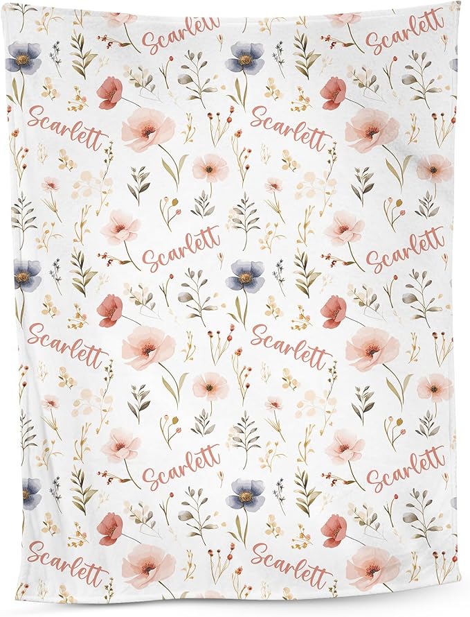 NAZENTI Personalized Baby Blanket, Baby Girl Gift Unique, Custom Baby Floral Blanket with Name Wildflower, Personalized Bo...