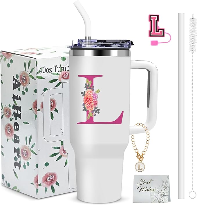 AiHeart 40oz Initial Tumbler,Personalized Gift for Women,Sister,Wife,Best Friend,Monogrammed Gifts for Birthday, Christma...