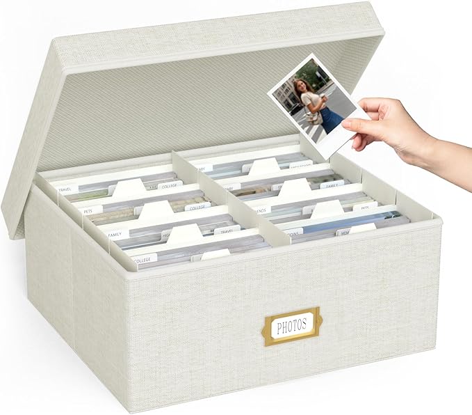 Decorative Photo Storage Box - Linen Photo Box Organizer with Dividers, Fits Holds Up to 1700 Pictures and 4x6 Photos, Mem...