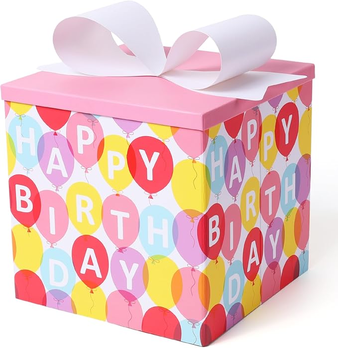 BIOBROWN Medium Birthday Gift Boxes with Lids for Presents, 9x9x9 Inches Pink Balloon Design Collapsible Gift Box for Birt...