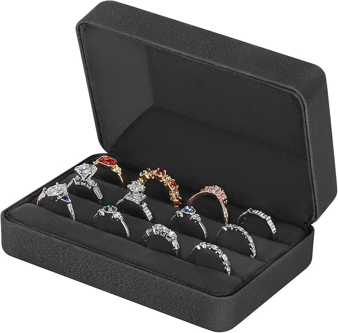 KUKUVR Velet Ring Storage Box, Travel Jewelry Case with 3 Slot Ring Display Organizer (Black)