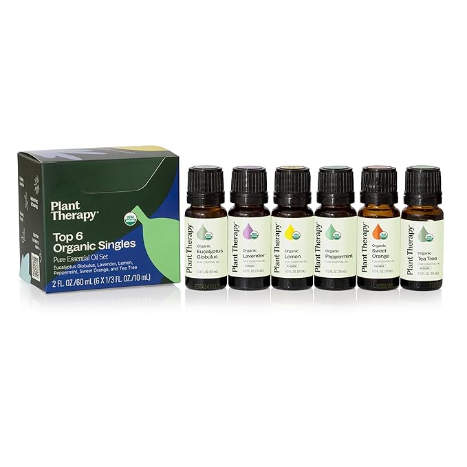 Plant Therapy Top 6 USDA Organic Essential Oil Set - Lavender, Peppermint, Eucalyptus, Lemon, Tea Tree 100% Pure, Natural ...