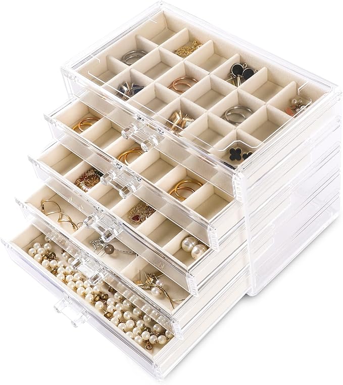 Frebeauty Acrylic Jewelry Organizer Earring Organizer Box with 5 Drawers Earring Holder Organizer with Velvet Trays Clear ...