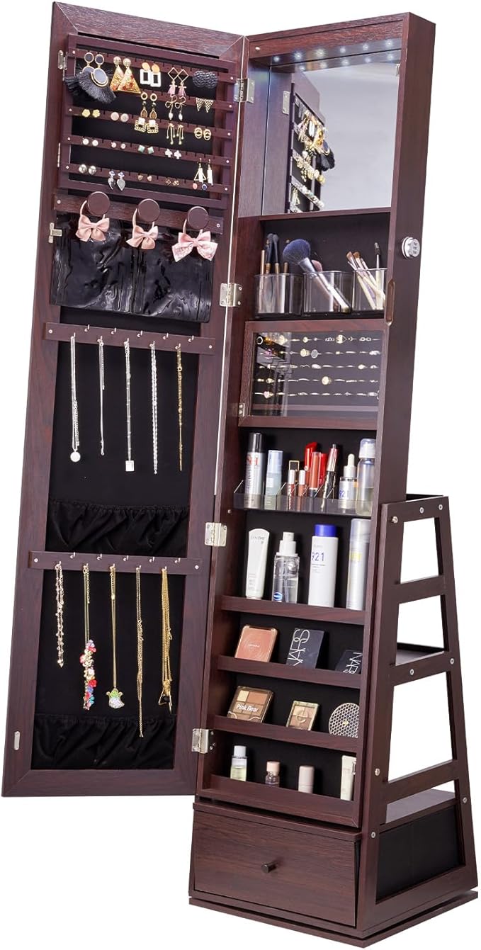 VEVOR 360° Swivel Jewelry Cabinet Armoire, 63-Inch Tall Lockable Jewelry Organizer with Full-Length Mirror, LED Light, Vel...